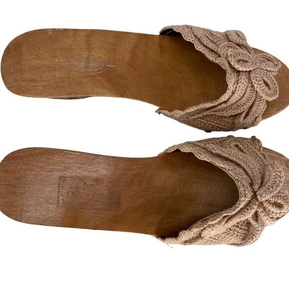 Vtg Bakya handcarved wooden heel tree palm crochet beige top slide tiki hut Sz 7 - Picture 4 of 12